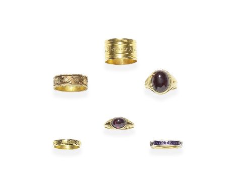 COLLECTION OF SIX GOLD RINGS, LATE 18TH - LATE 19TH CENTURIES1st: Serjeant-at-Law's ring, the outer band engraved, Lex Libert