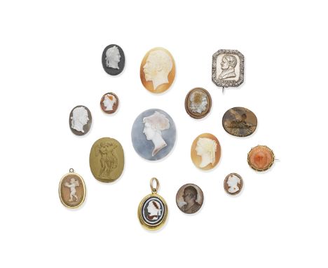 COLLECTION OF CORAL, SHELL, HARDSTONE AND METAL CAMEOS AND INTAGLIOS, 19TH CENTURY1st: Early 20th century hardstone cameo dep