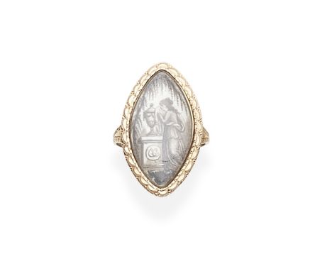 TWO GOLD AND IVORY MEMORIAL RINGS, LATE 18TH CENTURY1st: Painted in sepia to depict a funerary urn beneath a weeping willow t