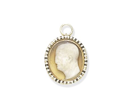 18TH-19TH CENTURY HARDSTONE CAMEO AND ENAMEL PENDANTCarved in low relief to depict a male bust, facing left, within a 19th ce