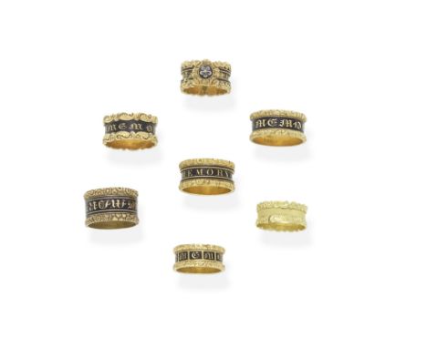 SEVEN MEMORIAL RINGS, EARLY-MID 19TH CENTURY1st: Inscribed IN MEMORY OF with black enamel decoration and chased foliate detai