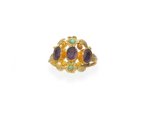AMETHYST AND TURQUOISE-SET RING, CIRCA 1830Set with three oval-cut amethysts, within a bi-coloured cannetille foliate frame, 