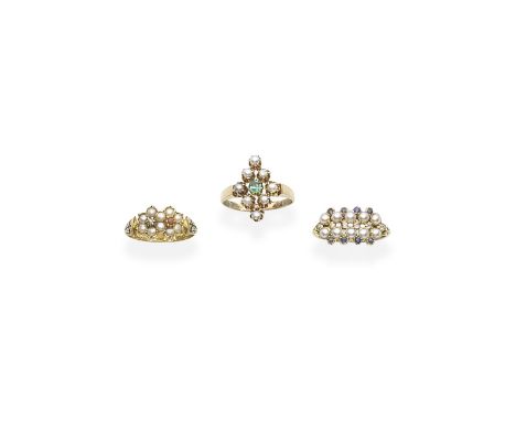 THREE SEED-PEARL AND GEM-SET RINGS, SECOND HALF OF 19TH CENTURY1st: The expandable mesh lozenge set with a cushion-shaped eme