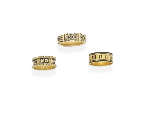 THREE GOLD AND ENAMEL MEMORIAL RINGS, LATE 19TH CENTURY1st: Inscribed IN MEMORY OF, with black enamel decoration and foliate 