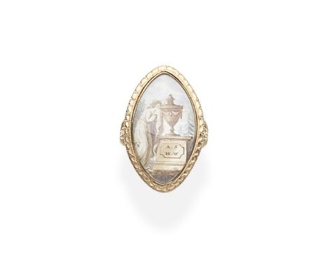 GOLD AND IVORY MEMORIAL RING, LATE 18TH CENTURYPainted in watercolour on ivory to depict a lady in mourning besides a funerar