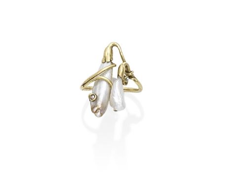 ART NOUVEAU PEARL AND DIAMOND RING, CIRCA 1890-1900Designed as a stylised snowdrop, set with two freshwater dogtooth pearls, 