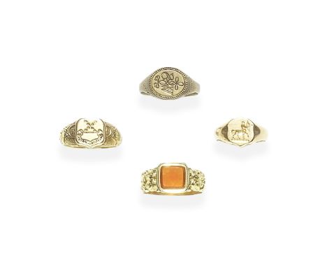 FOUR SIGNET RINGS, VARIOUS DATES1st: Brass, probably 17th century, engraved with initials WS, 2nd: Gold, engraved with a cent