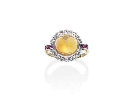 FIRE OPAL, RUBY AND DIAMOND RING, CIRCA 1930The fire opal cabochon within a surround of single-cut diamonds, between shoulder