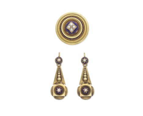 GOLD, ENAMEL AND HALF PEARL BROOCH AND PENDENT EARRING SUITE, CIRCA 1860The half pearl quatrefoil motif with a cushion-shaped