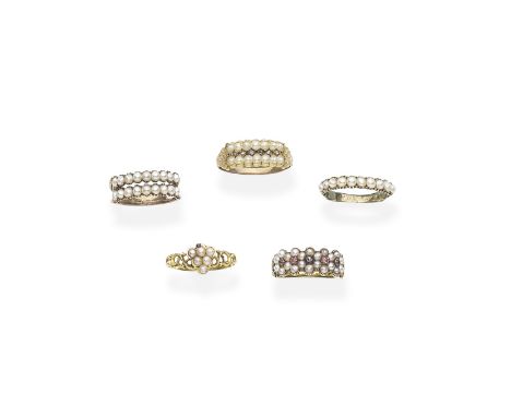 FOUR SEED-PEARL AND GEM-SET HALF-HOOP RINGS, 19TH CENTURY1st: The double row of seed pearls, between bifurcated shoulders, 2n
