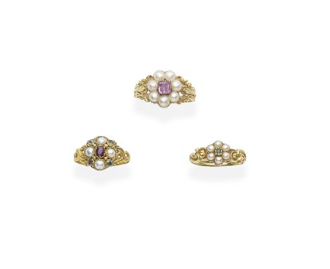 THREE GOLD HALF-PEARL AND GEM-SET RINGS,  MID 19TH CENTURY1st: The cushion-shaped ruby within a half-pearl surround, between 