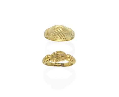 TWO GOLD FEDE RINGS, LATE 19TH - EARLY 20TH CENTURIES1st: With engraved detail to one hand and both sleeves, 2nd: The hands a