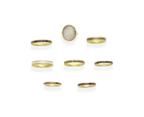 EIGHT GOLD AND ENAMEL MOURNING RINGS, LATE 18TH CENTURY1st: Inscribed RICHD ROUNDELL/OB 18 Mar 1791/AET 58, with white enamel