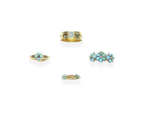 FOUR SENTIMENTAL TURQUOISE RINGS, CIRCA 1830 - LATE 19TH CENTURY1st: The three forget-me-not flowerheads set with table-cut d