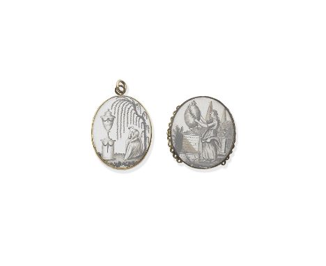 GOLD, IVORY AND ENAMEL PENDANT AND PAINTED IVORY MEMORIAL SLIDE, DATED 17801st: Painted in sepia with hairwork detail on ivor