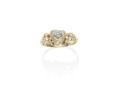 GOLD AND TURQUOISE RING, CIRCA 1860-70The bicoloured and textured heart-shaped compartment with an applied turquoise cabochon