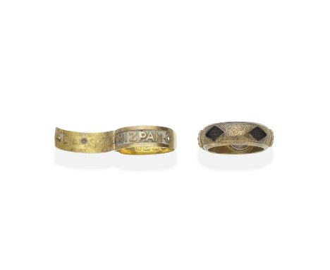 FOUR MIZPAH RINGS,  19TH CENTURY1st: Set to the front with rose-cut diamonds spelling MIZPAH, mounted in gold, 2nd: Tricolour