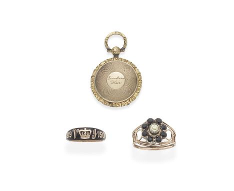 THREE JEWELS OF ROYAL INTEREST, DATED 1820 AND 19011st: The cushion-shaped diamond of yellow tint within a circular-cut jet s