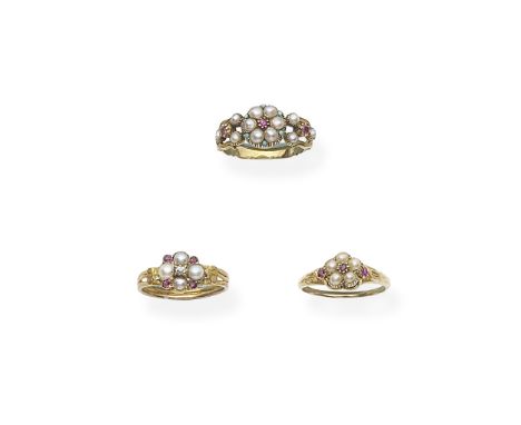 THREE SEED PEARL AND GEM-SET CLUSTER RINGS, MID 19TH CENTURY1st: the seed pearl, turquoise cabochon and cushion-cut ruby clus