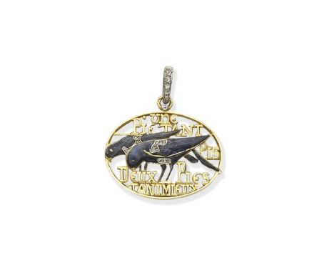 GOLD, ENAMEL AND DIAMOND MAGPIE PENDANT, CIRCA 1900The blue enamel magpies with rose-cut diamond accents, in an openwork pend