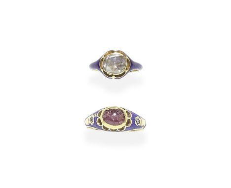 TWO GEM-SET RINGS, LATE 19TH CENTURY1st: Set with a rose-cut diamond within a closed-back, collet setting, between shoulders 