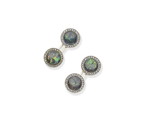 BOULDER OPAL AND DIAMOND CUFFLINKS, CIRCA 1920Doubled sided, each boulder opal cabochon within a rose-cut diamond surround, m