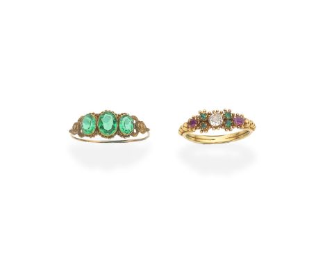 GOLD AND GEM-SET RING AND A PASTE THREE-STONE RING, CIRCA 18201st: Set with a cushion-shaped diamond within a beaded surround