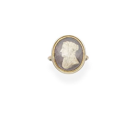 CAMEO MEMORIAL RING,  1751The white glass paste profile depicting Jane Martha Temple, Countess of Portland (1672-1751), the f