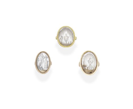 THREE GOLD AND IVORY MEMORIAL RINGS, DATED 1774-17811st: Painted in sepia on ivory to depict a funerary urn beneath a weeping