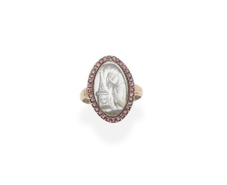 GOLD, GARNET AND IVORY MEMORIAL RING, DATED 1781Painted in sepia on ivory to depict a figure in mourning standing beside a fu