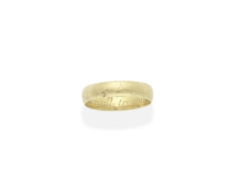GOLD POSY RING, 17TH-18TH CENTURYEngraved inscription on the interior, Content is a continuall treasure, goldsmith's mark DE,