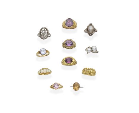 COLLECTION OF GEM-SET RINGS, VARIOUS DATES1st: Set with oval opal cabochons and rose-cut diamonds, mounted in 18 carat gold, 