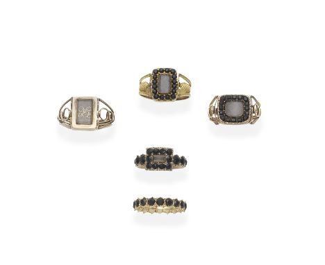 FIVE GOLD, HAIRWORK, PASTE AND ENAMEL MEMORIAL RINGS, ONE DATED 1807, THE OTHERS CIRCA 1800-201st: The hairwork compartment w
