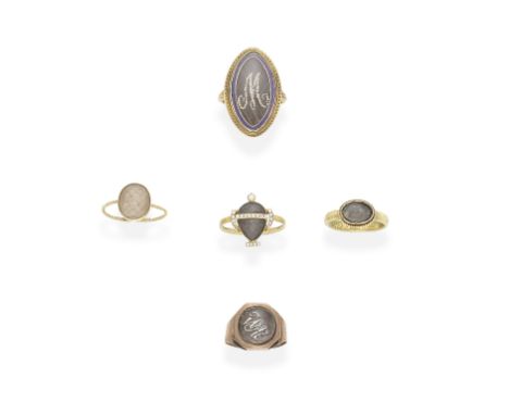 FIVE HAIRWORK MEMORIAL RINGS, LATE 18TH CENTURY1st: The oval plaque decorated with blue enamel, set with woven hair with appl