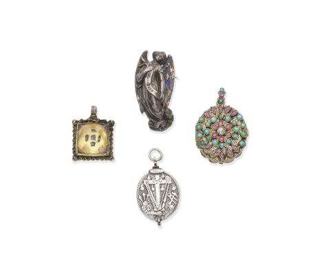 A SILVER LOCKET, A GEM-SET SILVER-GILT LOCKET, A SILVER-GILT PASTE PENDANT AND A SILVER AND ENAMEL BROOCH, 17TH/19TH CENTURYT