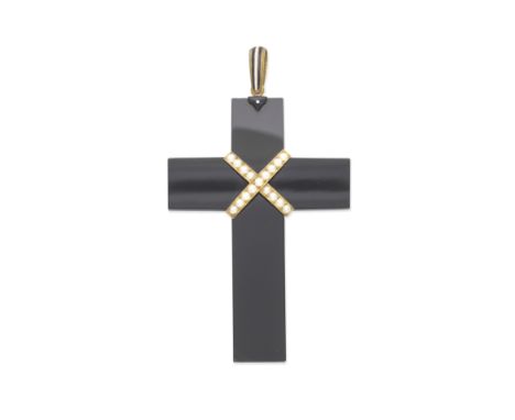 ONYX AND SEED PEARL CROSS PENDANT, 19TH CENTURYThe carved onyx accented by a seed pearl saltire cross, suspended from a monoc