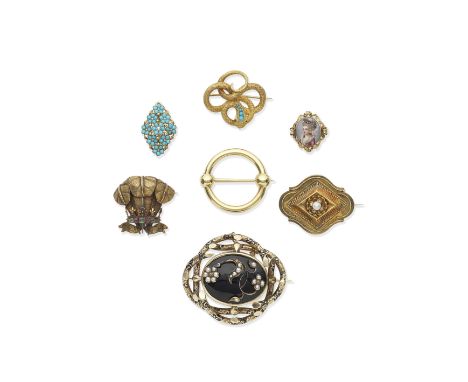 COLLECTION OF SEVEN BROOCHES, MID 19TH CENTURY1st: Gold Prince of Wales feathers, the coronet applied with cushion-shaped eme