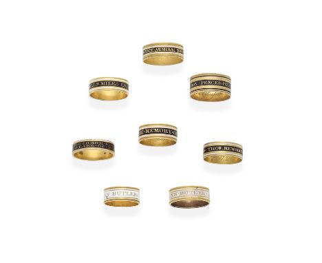 EIGHT GOLD AND ENAMEL MEMORIAL BAND RINGS, EARLY 19TH CENTURY1st: Inscribed 'GEORGE EDWD HENRY ARTHUR HERBERT / EARL OF POWIS