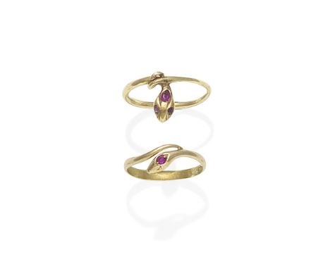 TWO RUBY-SET SERPENT RINGS, EARLY 20TH CENTURYEach designed as coiling serpents, the heads set with circular and cushion-shap