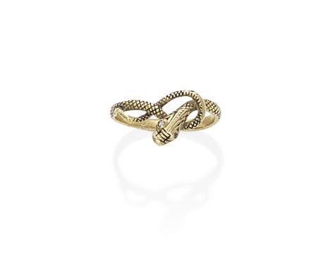 GOLD, BLACK ENAMEL AND DIAMOND SERPENT RING, CIRCA 1830-50Designed as a coiled serpent, the textured body decorated with blac