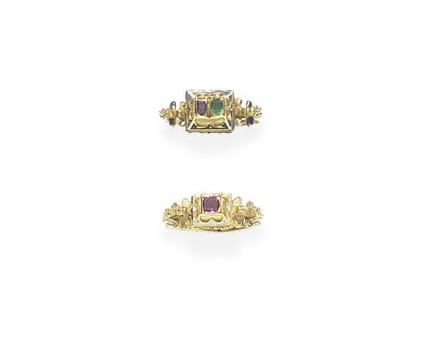 TWO GOLD, ENAMEL AND GEM-SET RENAISSANCE REVIVAL RINGS, 19TH CENTURY1st: Set with a table-cut ruby, decorated with white and 