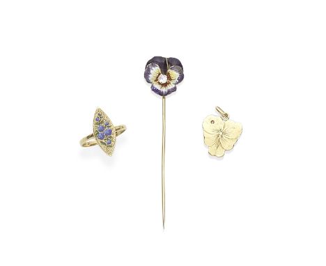 TIFFANY &amp; CO: ENAMEL PANSY AND DIAMOND STICK PIN, CIRCA 1890, AND TWO LATE 19TH CENTURY FLOWER JEWELS1st: Polychrome enam