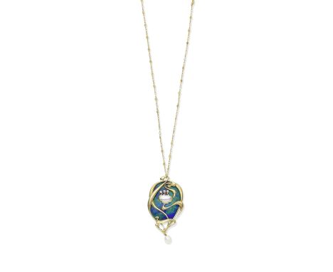 ART NOUVEAU GOLD, ENAMEL AND GEM-SET PENDANT, CIRCA 1900The blue and green enamel plaque within a sinuous gold mount of hamme