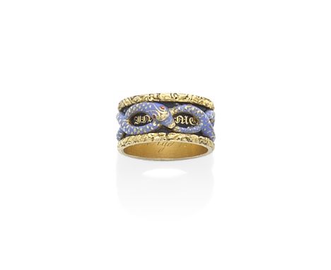 GOLD AND ENAMEL SERPENT MEMORIAL RING, DATED 1904The intertwined serpents decorated in blue enamel, on a background of black 