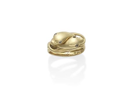 GOLD SERPENT RING, DATED 1901Designed as two intertwined serpents, the eyes accented by rose-cut diamonds, mounted in 18 cara