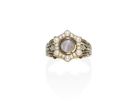 GOLD, ENAMEL, SEED PEARL AND HAIRWORK MEMORIAL RING, DATED 1832Commemorating the nonconformist writer, Marianna Head, the cen