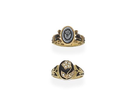 TWO GOLD, ENAMEL AND GEM-SET MEMORIAL RINGS, LATE 19TH CENTURY1st: Decorated with black enamel with a central forget-me-not m