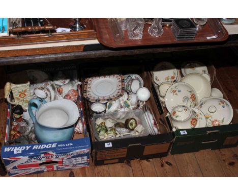 Three boxes of tea and dinner wares including Meakin 'Sunburst', Royal Crown Derby cups and saucers, etc.