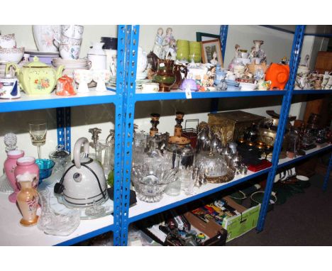 Collection of metal wares, glass, costume jewellery, wood wares, cased cutlery etc, including coal scuttle, teapots, light sh