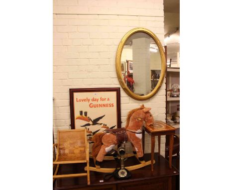 Gilt and oak framed wall mirrors, Guiness advert print, child's rocking horse and rocking chair, musical table and stick tele